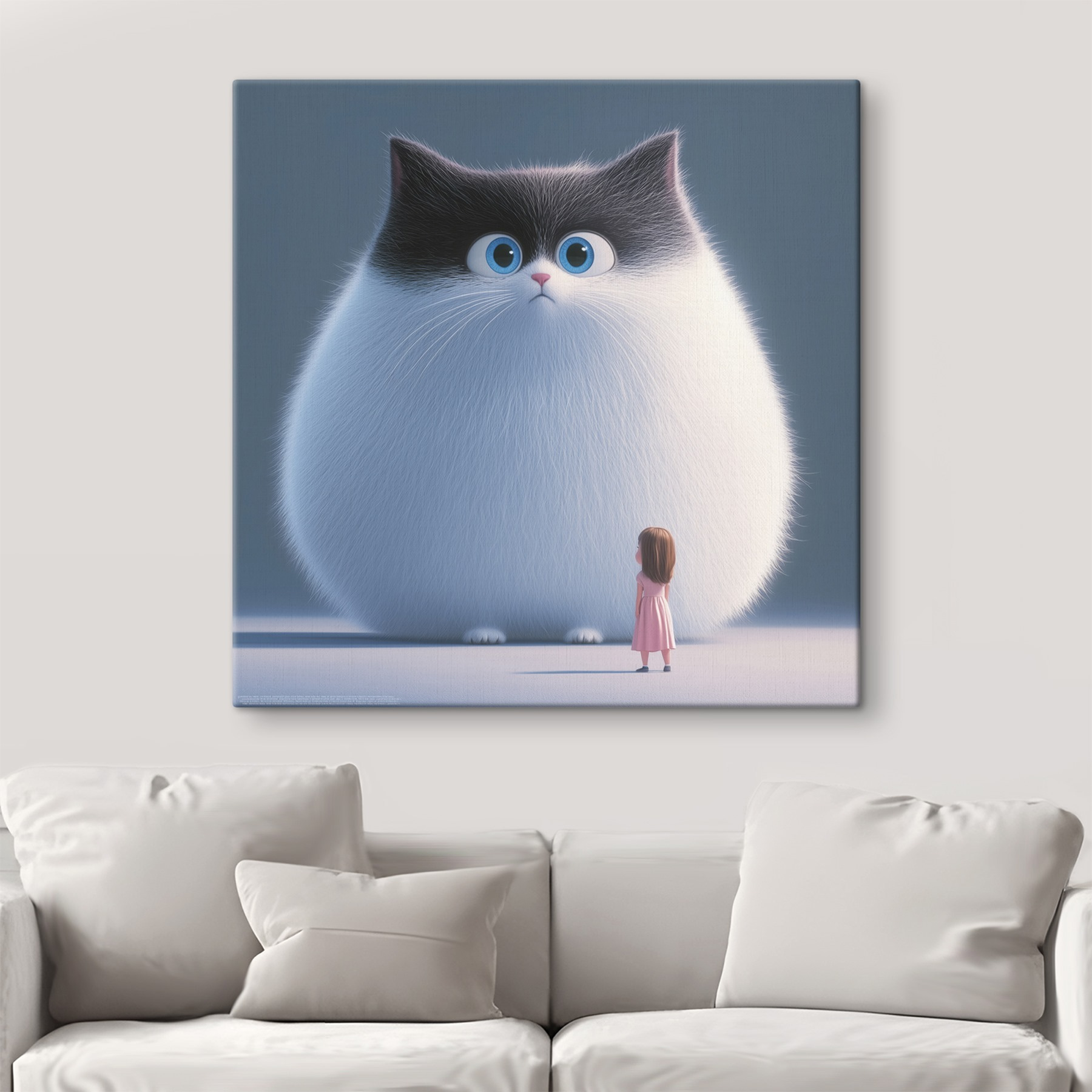 Cartoon of a cat looking at a little girl