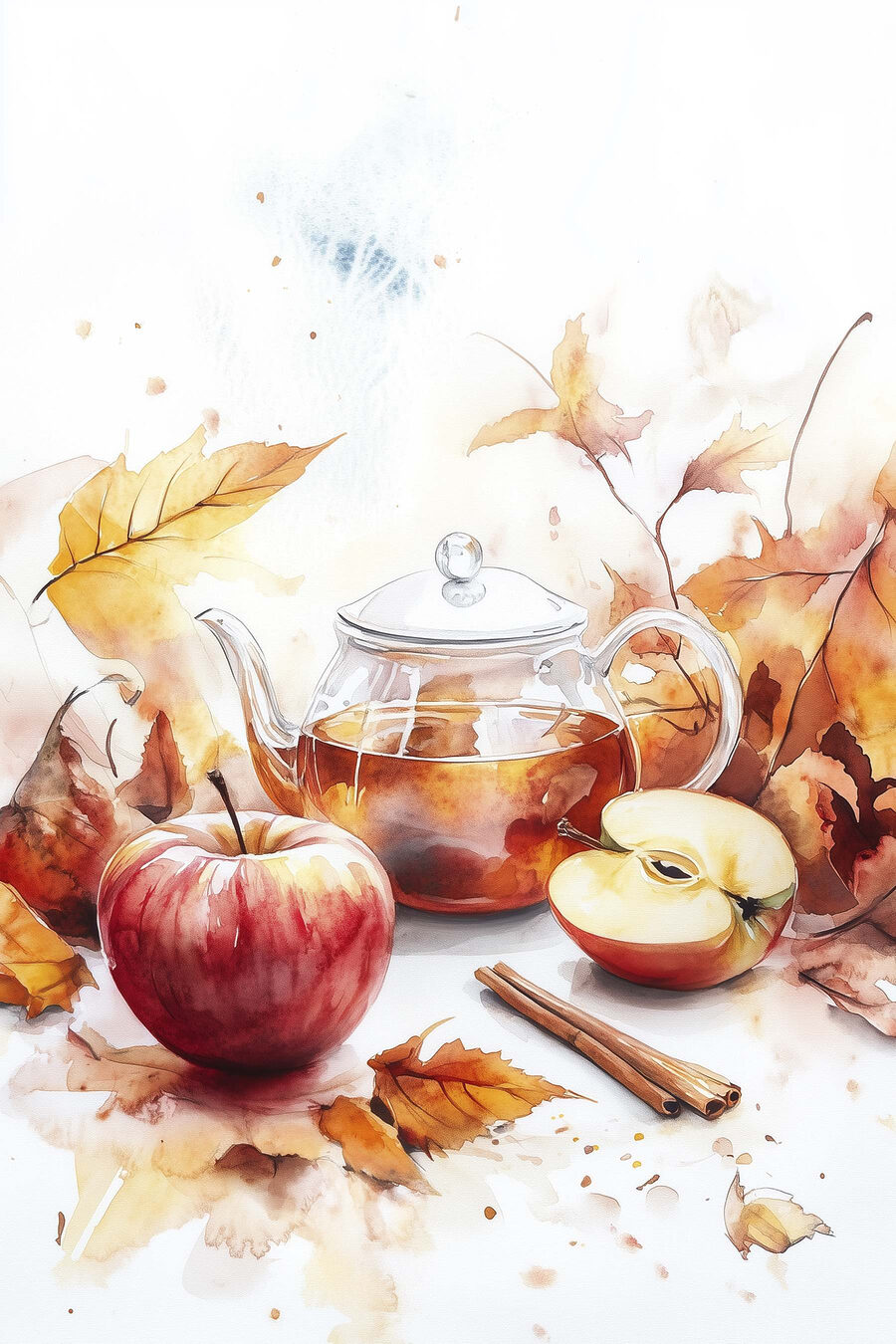 Aquarelle d'une théière et de pommes