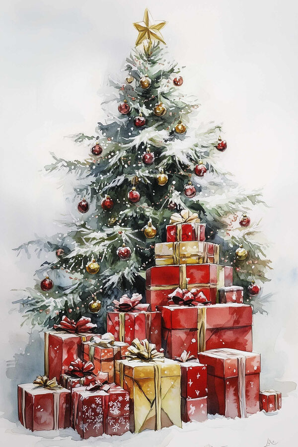 Aquarelle de cadeaux sous un arbre de Noël Aquarelle de cadeaux sous un arbre de Noël