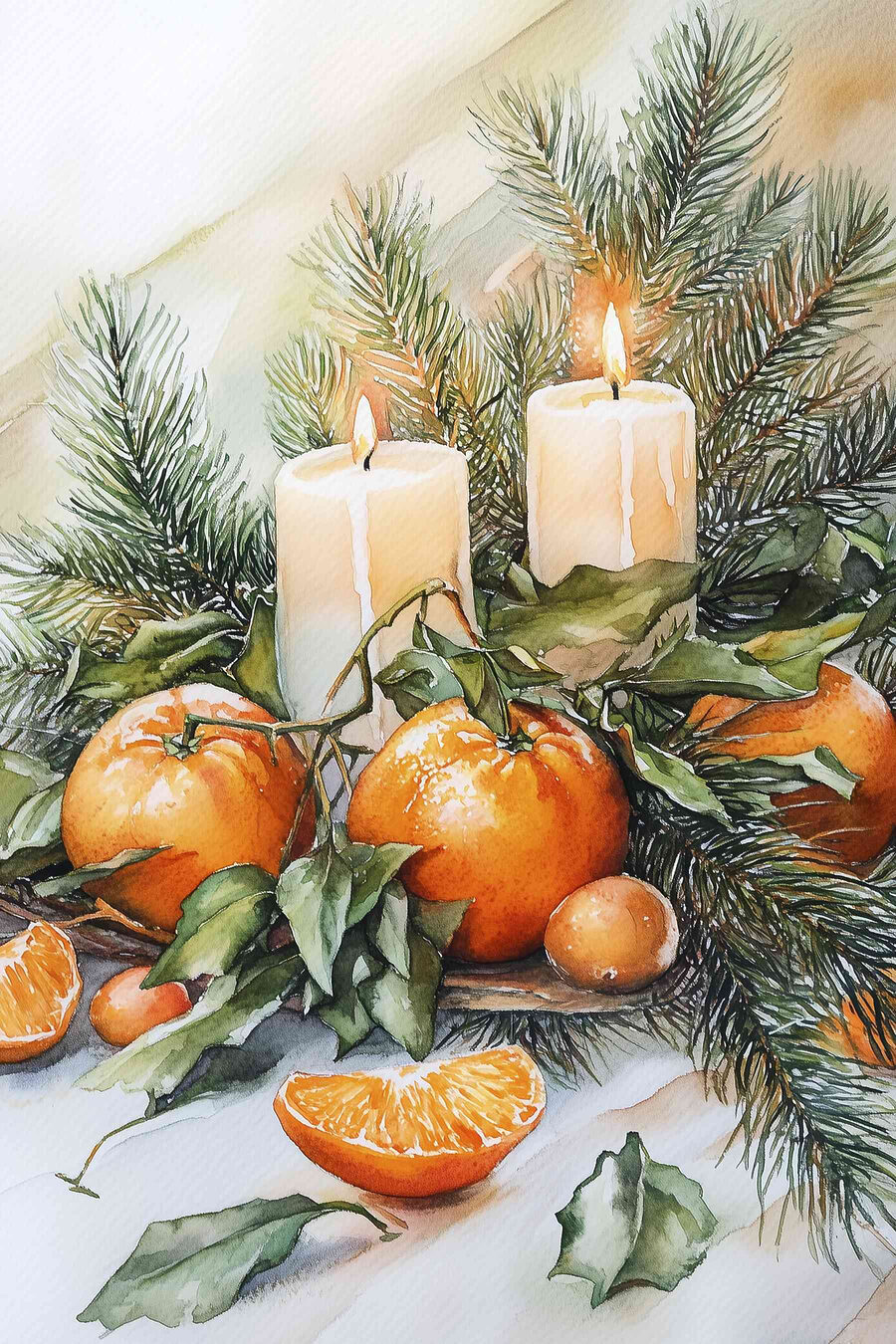 Aquarelle d'oranges et de bougies sur une table