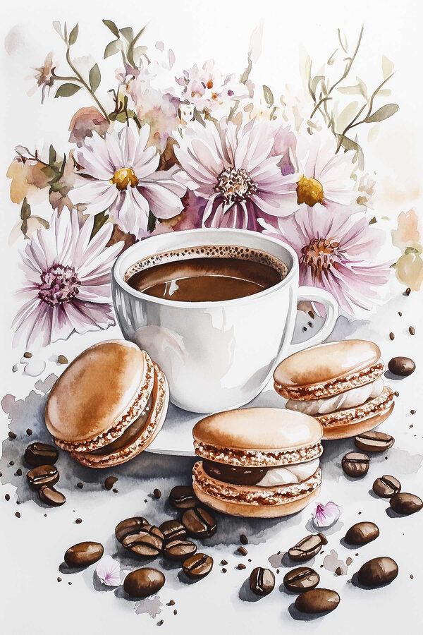 Aquarelle d'une tasse de café et de biscuits Aquarelle d'une tasse de café et de biscuits