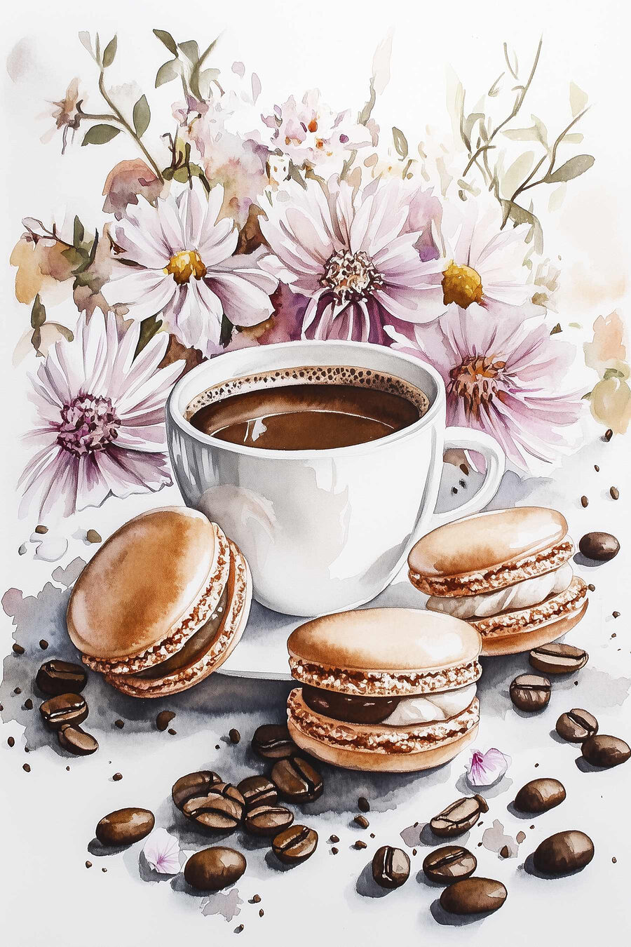 Aquarelle d'une tasse de café et de biscuits