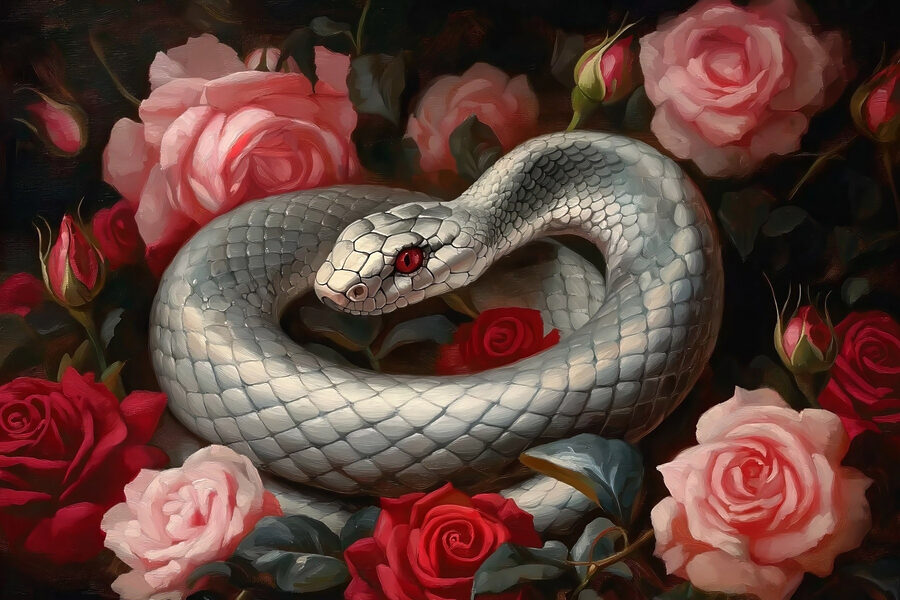 Un serpent dans un lit de roses