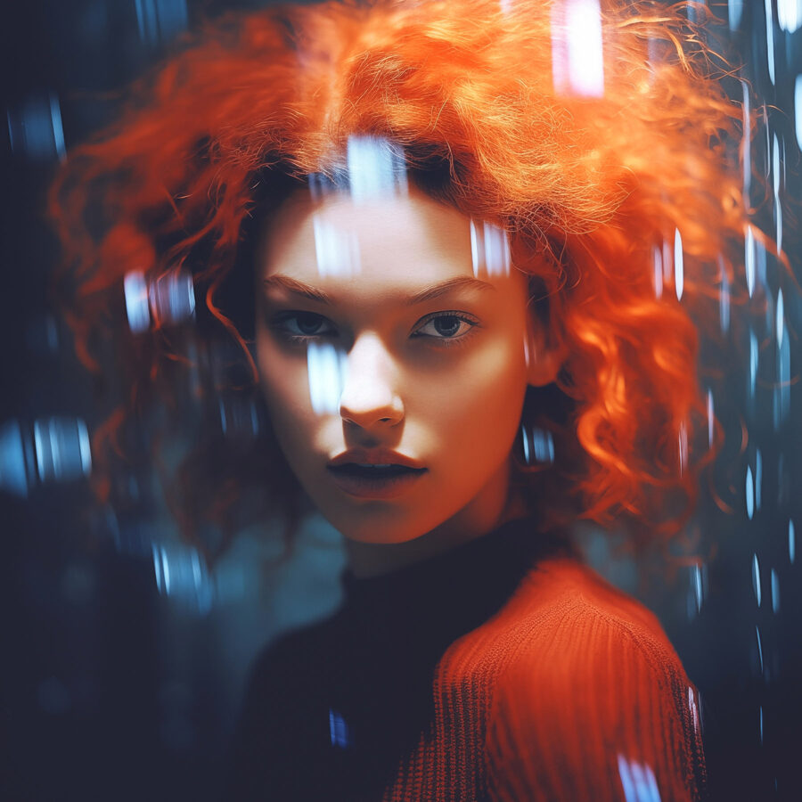 Femme aux cheveux rouges et gouttes de pluie