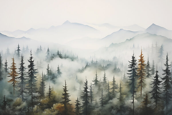 Peinture d'arbres et de brouillard Peinture d'arbres et de brouillard