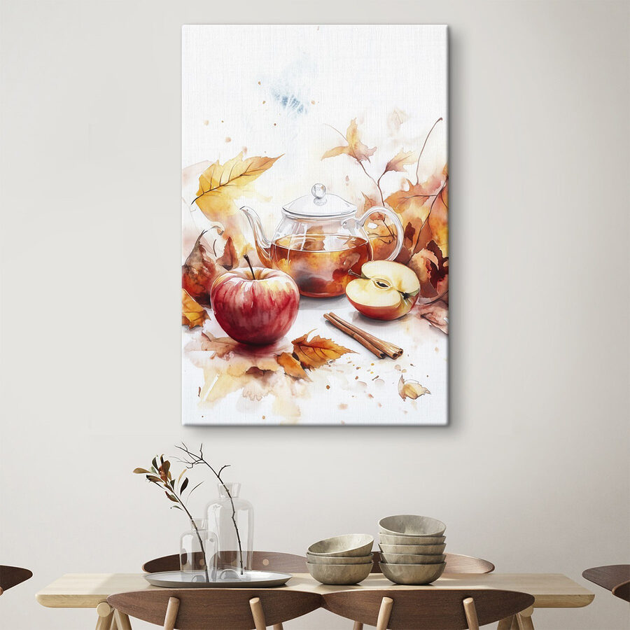 Aquarelle d'une théière et de pommes