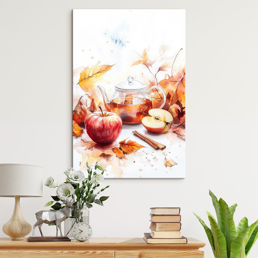Aquarelle d'une théière et de pommes