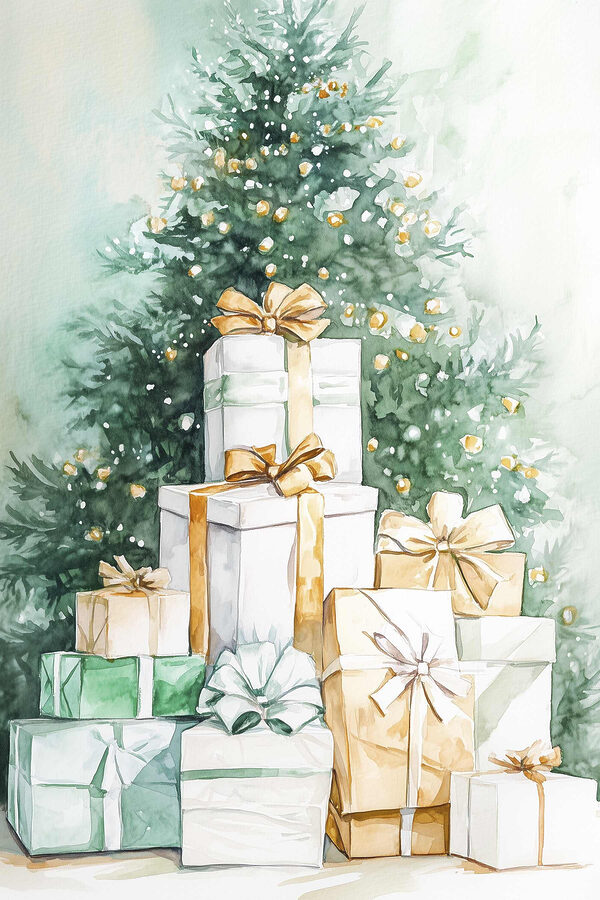 Aquarelle de cadeaux sous un sapin Aquarelle de cadeaux sous un sapin