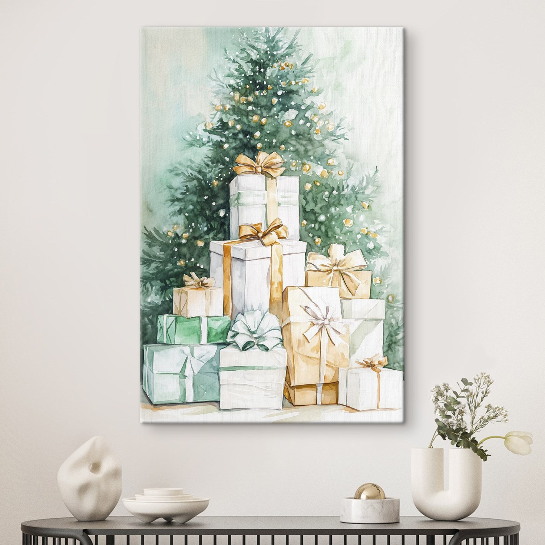 Watercolor of presents under a tree Watercolor of presents under a tree