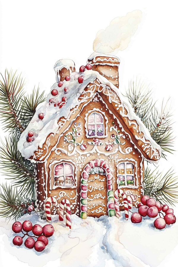 Maison en pain d'épices avec cannes à sucre et branches de pin Maison en pain d'épices avec cannes à sucre et branches de pin