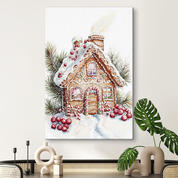 Maison en pain d'épices avec cannes à sucre et branches de pin Maison en pain d'épices avec cannes à sucre et branches de pin