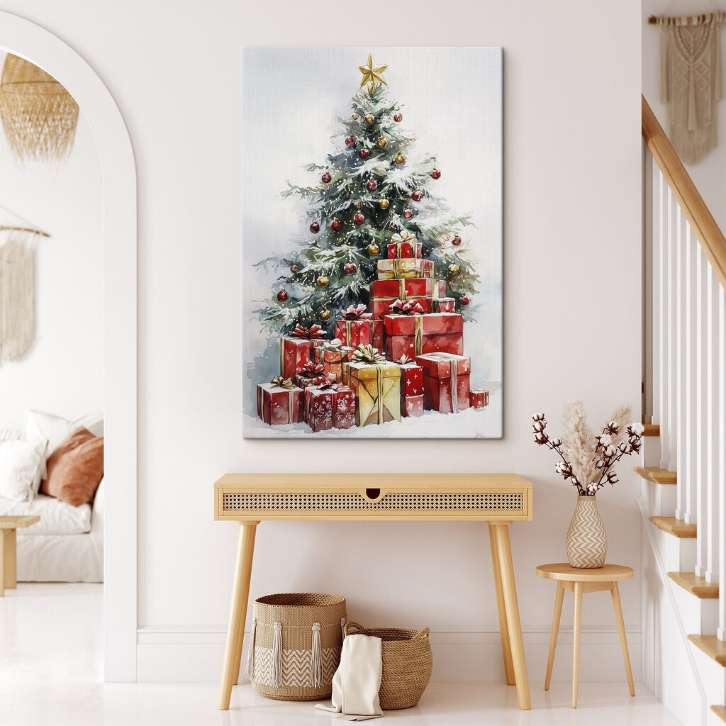 Watercolor of presents under a christmas tree