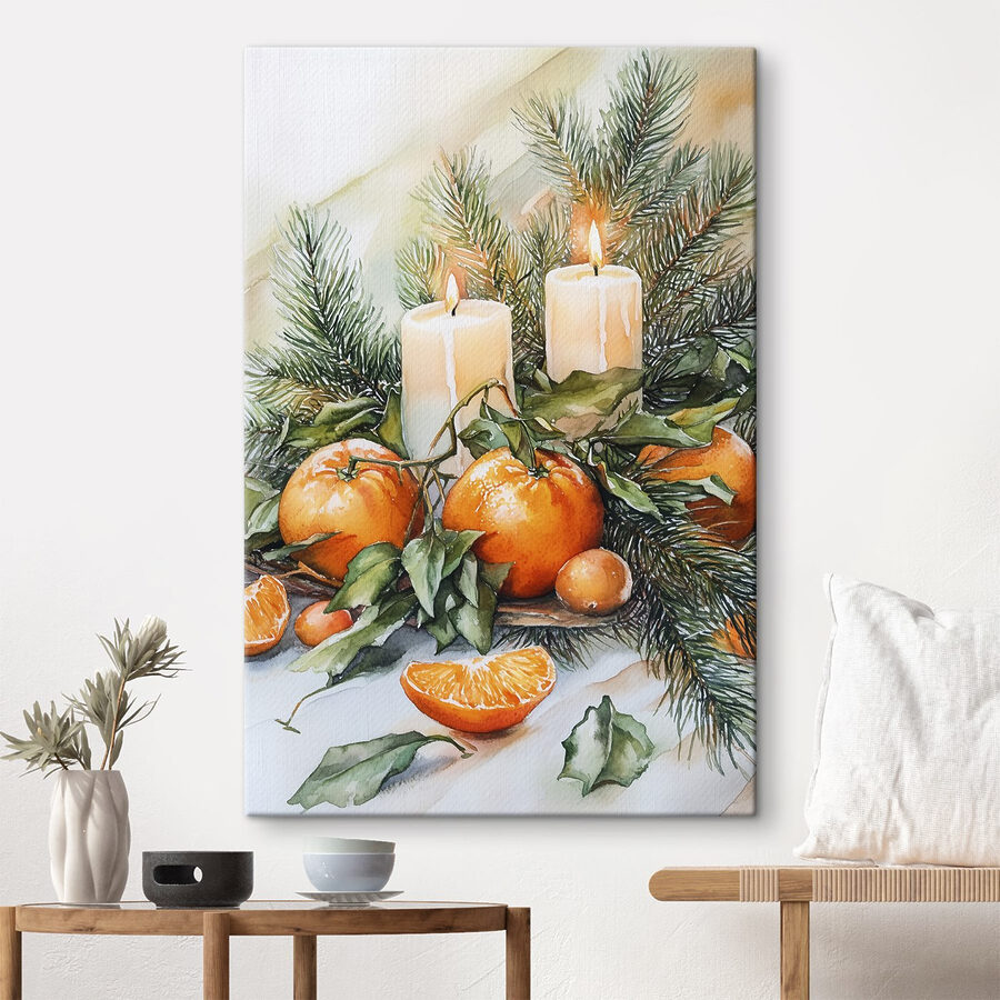 Aquarelle d'oranges et de bougies sur une table