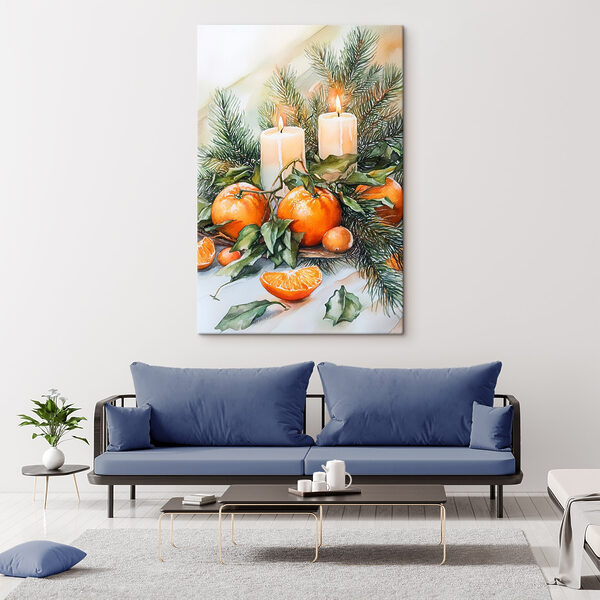Aquarelle d'oranges et de bougies sur une table Aquarelle d'oranges et de bougies sur une table