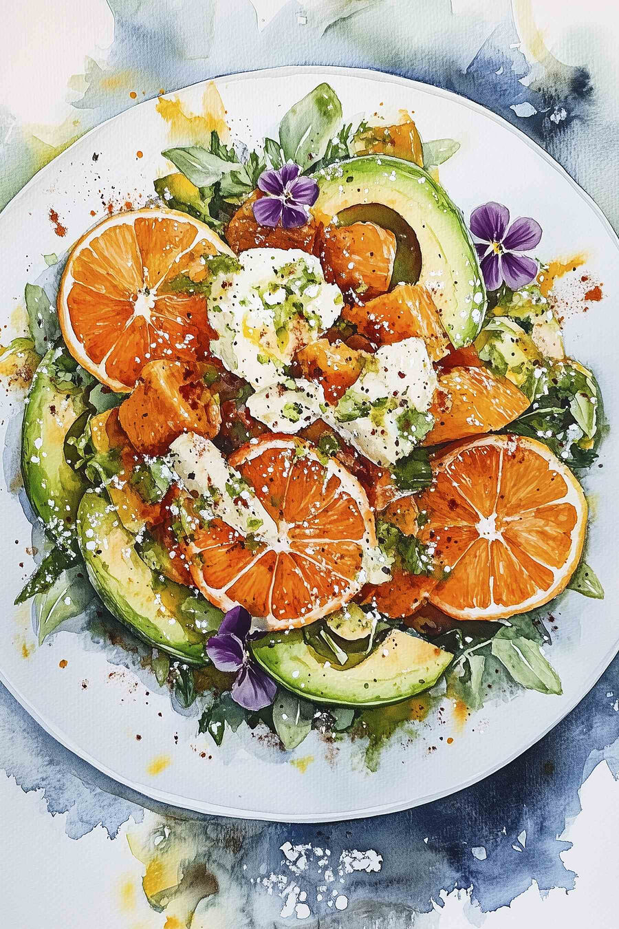 Assiette de nourriture avec oranges et avocats