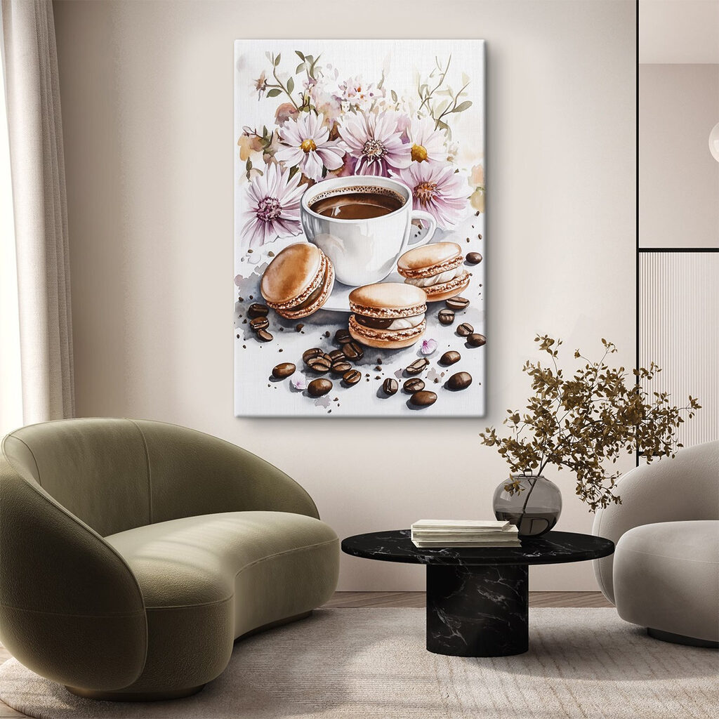 Watercolor painting of a cup of coffee and cookies