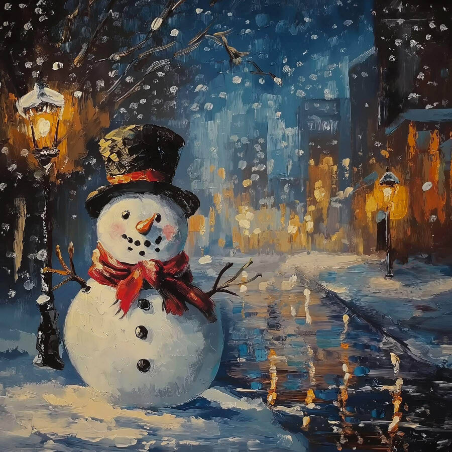 Bonhomme de neige dans une ville enneigée