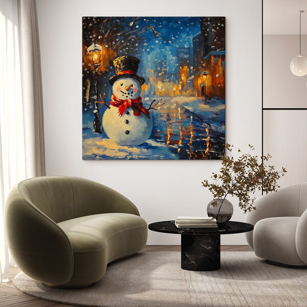 Bonhomme de neige dans une ville enneigée Bonhomme de neige dans une ville enneigée