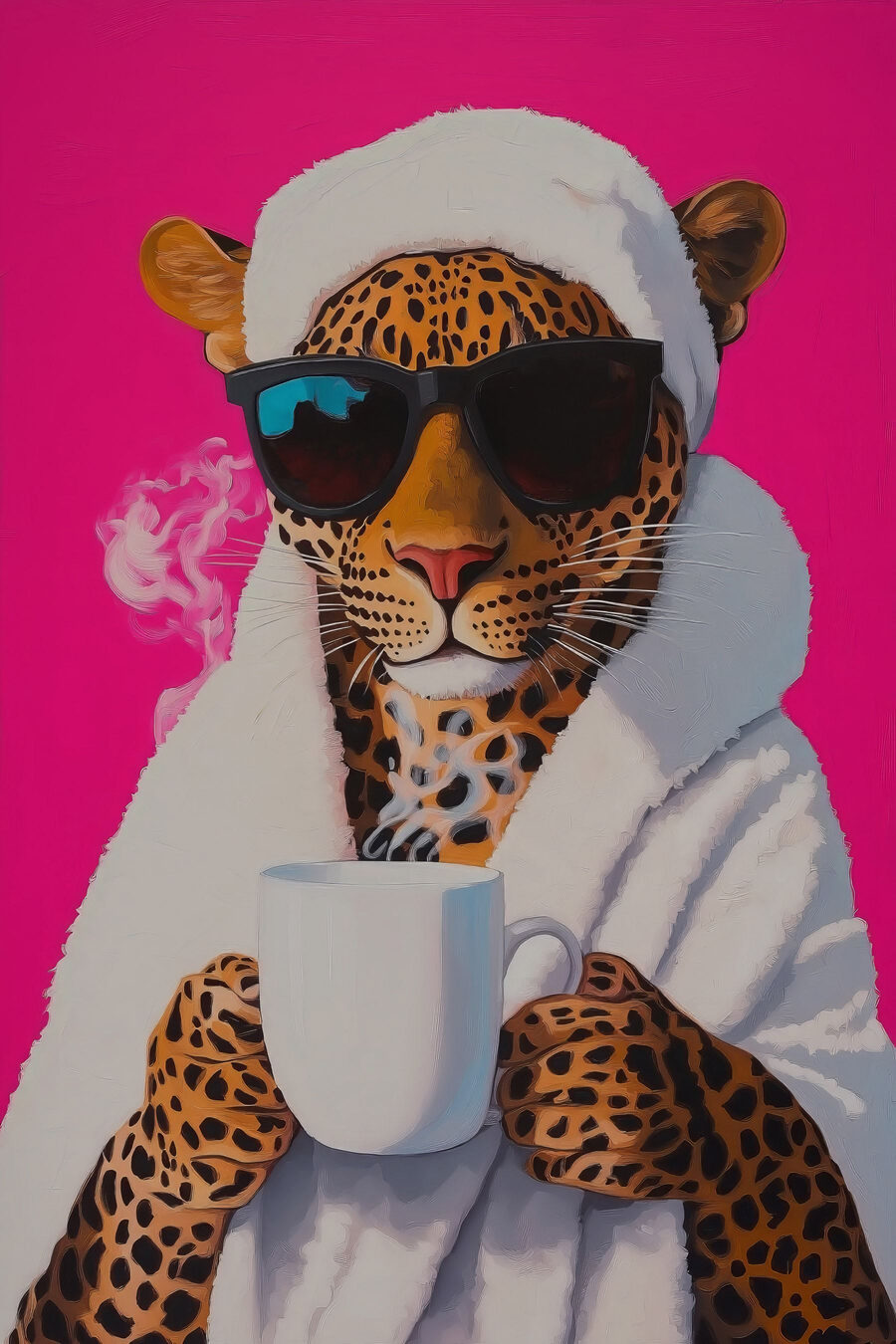 Peinture d'un léopard portant une robe et des lunettes de soleil et tenant une coupe