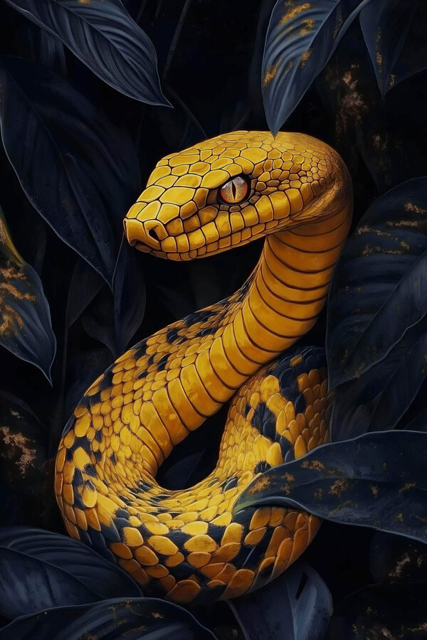 Serpent jaune avec des feuilles noires Serpent jaune avec des feuilles noires