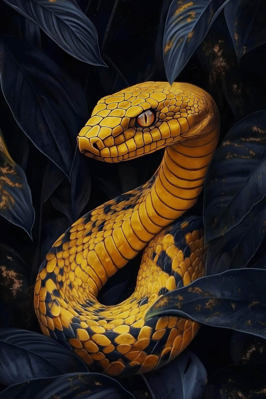 Serpent jaune avec des feuilles noires