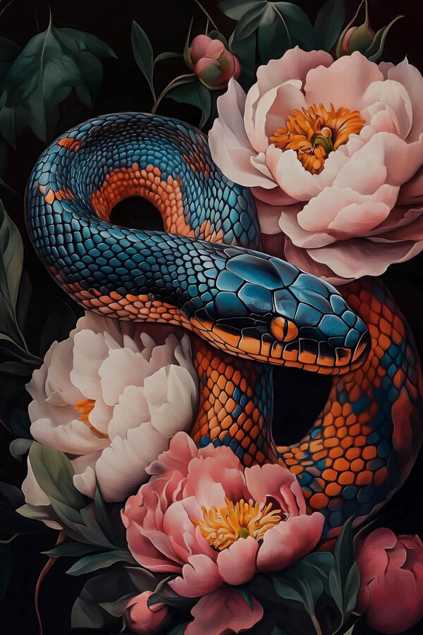 Serpent bleu et orange avec fleurs Serpent bleu et orange avec fleurs