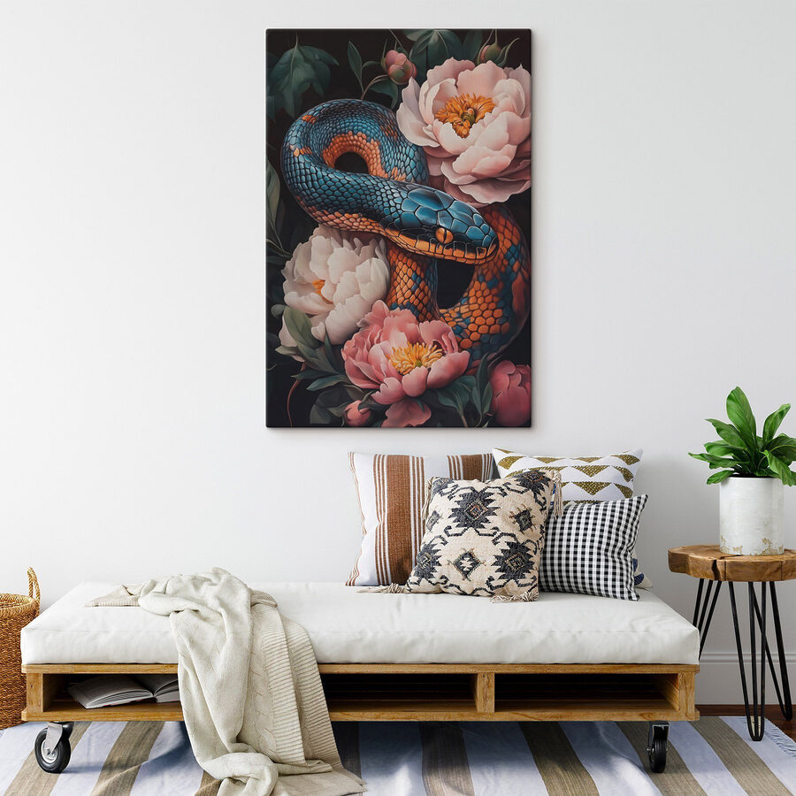 Serpent bleu et orange avec fleurs