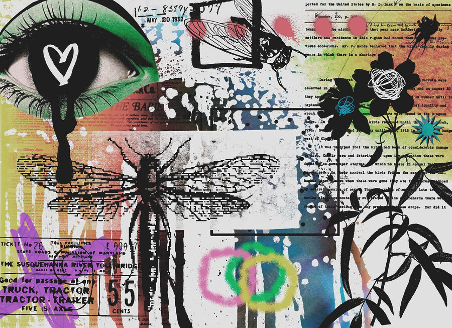 Collage d'art avec des libellules et des fleurs