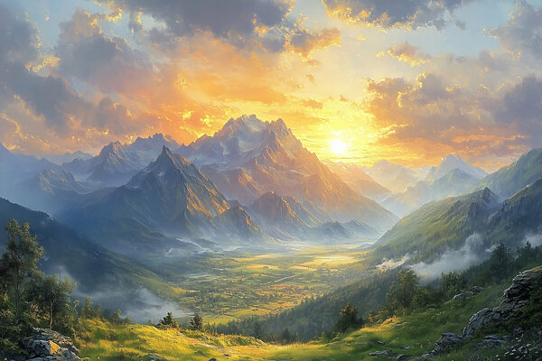 Paysage de montagnes et de vallée avec nuages et soleil Paysage de montagnes et de vallée avec nuages et soleil