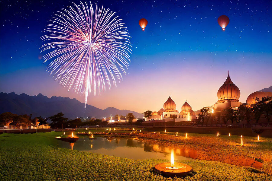 Feu d'artifice dans le ciel au-dessus d'un étang