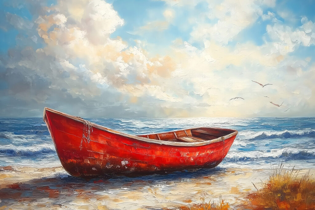 Painting of a boat on a beach Painting of a boat on a beach