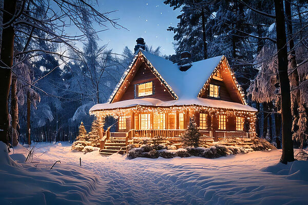 Maison illuminée dans la neige Maison illuminée dans la neige