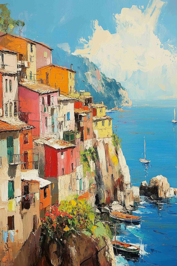 Peinture d'une ville colorée sur une falaise au bord de l'eau Peinture d'une ville colorée sur une falaise au bord de l'eau