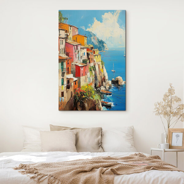 Peinture d'une ville colorée sur une falaise au bord de l'eau Peinture d'une ville colorée sur une falaise au bord de l'eau