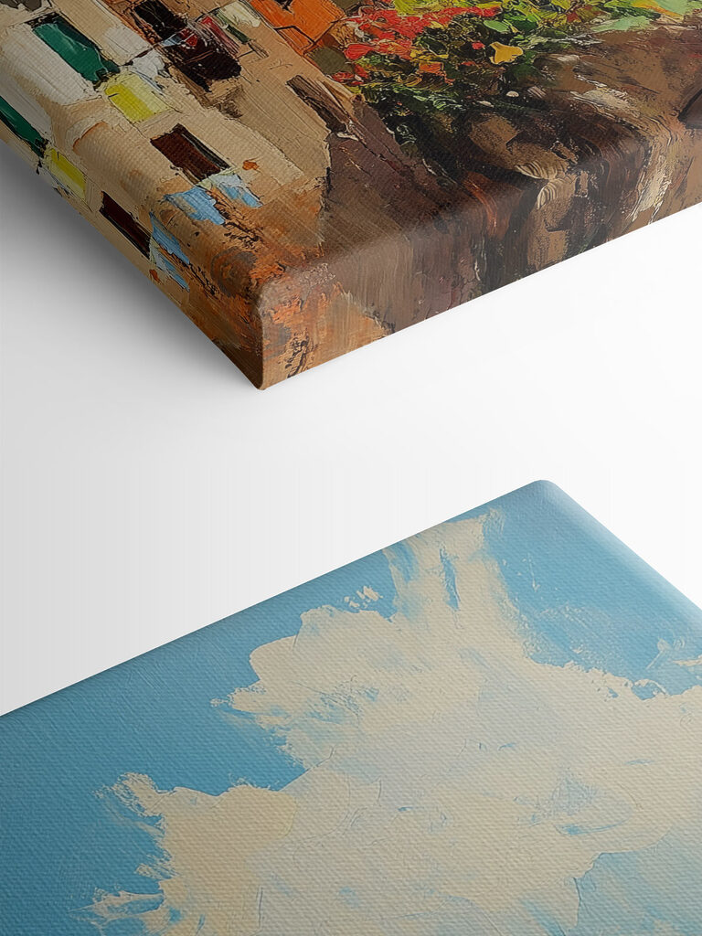 Painting of a colorful town on a cliff by the water