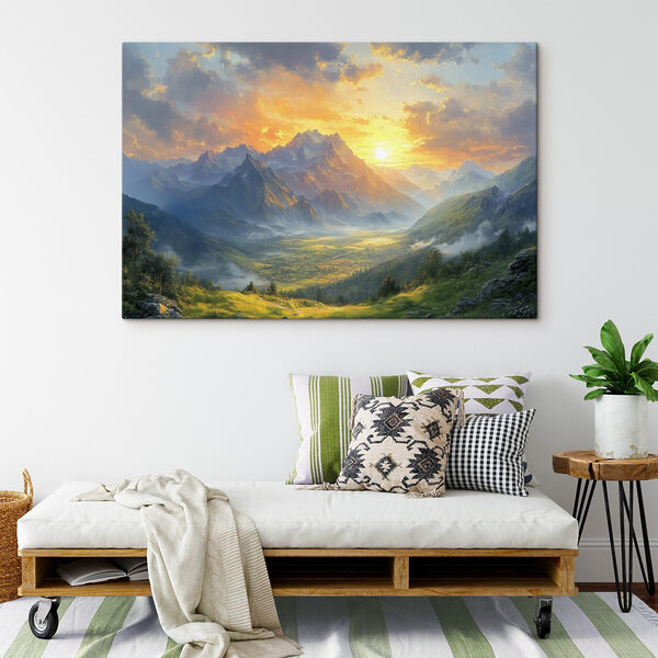 Paysage de montagnes et de vallée avec nuages et soleil Paysage de montagnes et de vallée avec nuages et soleil