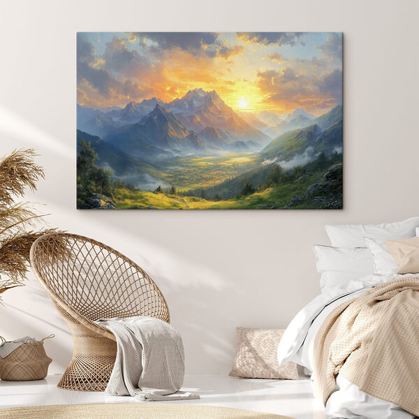 Paysage de montagnes et de vallée avec nuages et soleil Paysage de montagnes et de vallée avec nuages et soleil