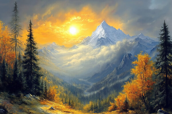 Paysage de montagne avec arbres et nuages Paysage de montagne avec arbres et nuages