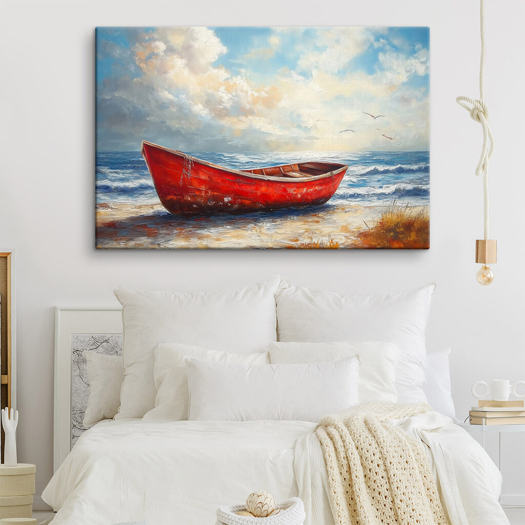 Painting of a boat on a beach Painting of a boat on a beach