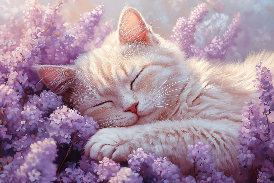 Chat dormant dans un parterre de fleurs