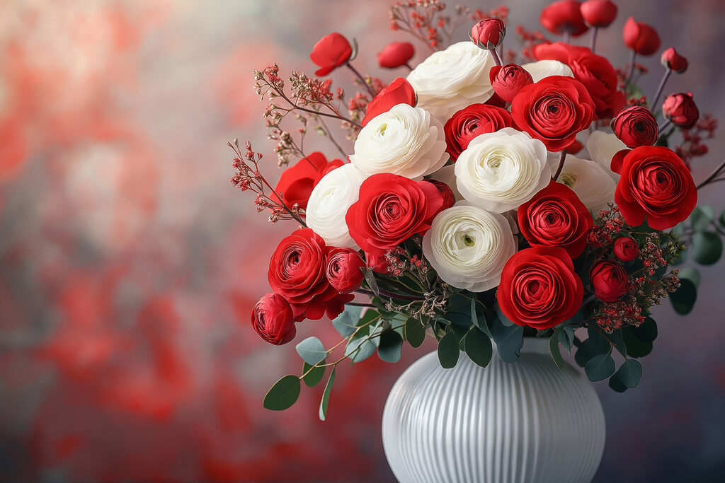 Vase of red and white flowers
