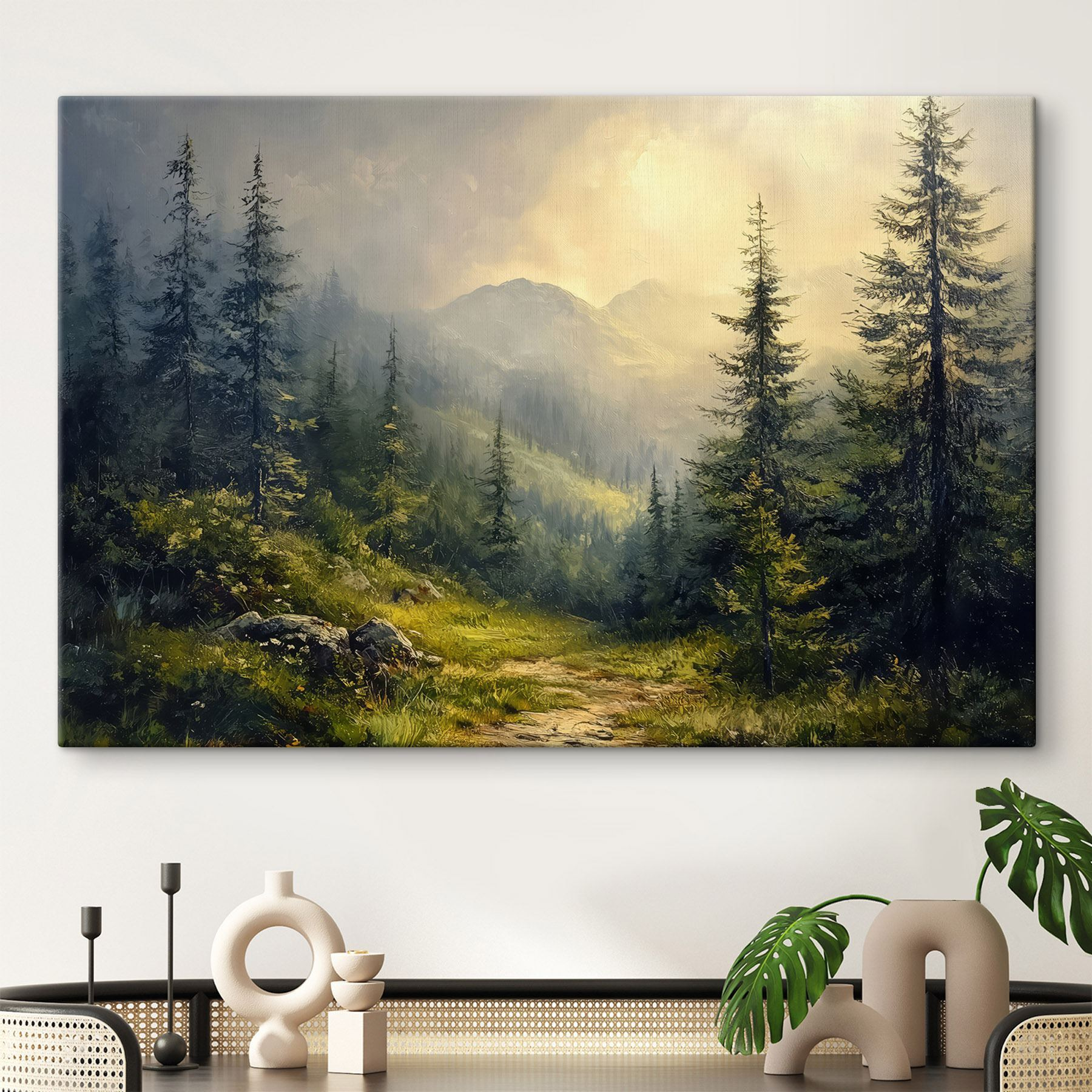 Painting of a forest with mountains and trees