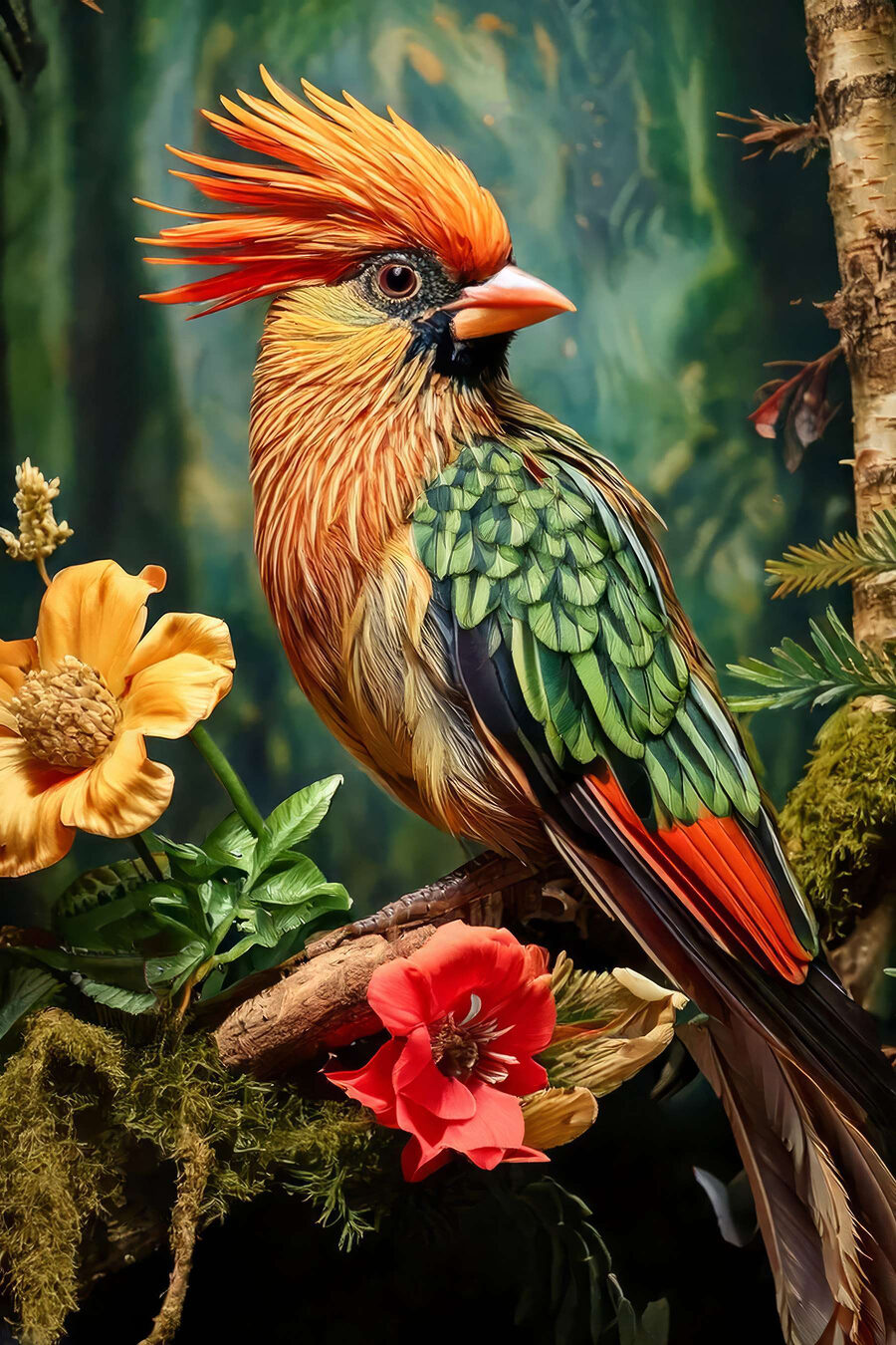Oiseau coloré assis sur une branche avec des fleurs
