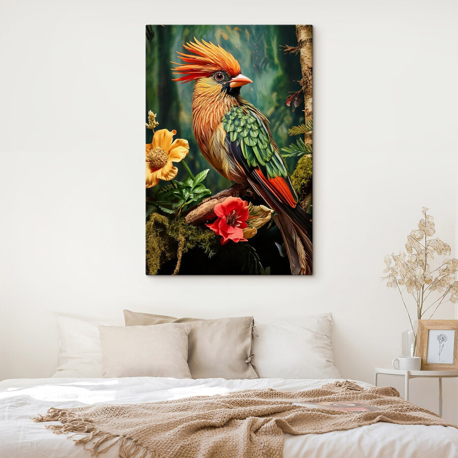Oiseau coloré assis sur une branche avec des fleurs