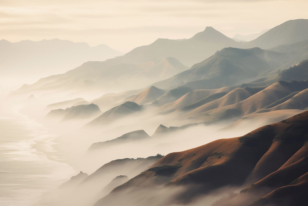 Montagnes brumeuses avec collines et eau Montagnes brumeuses avec collines et eau