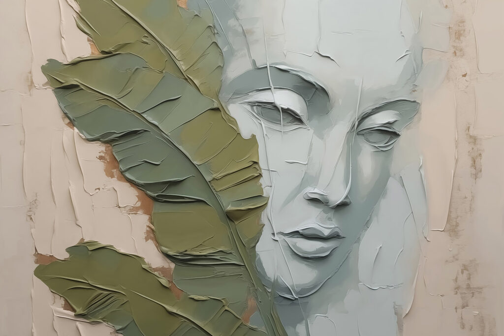 Peinture d'un visage et d'une feuille Peinture d'un visage et d'une feuille