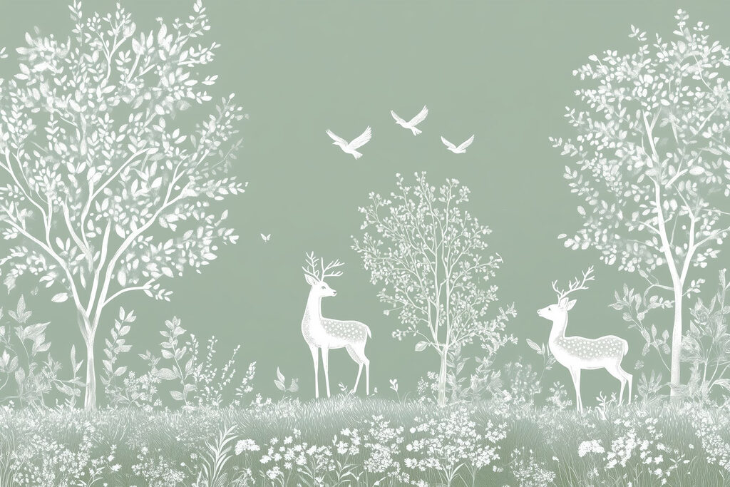 Cerf blanc et oiseaux dans un champ Cerf blanc et oiseaux dans un champ