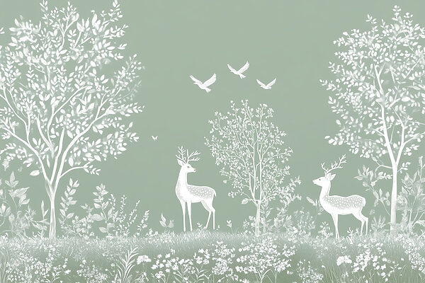 Cerf blanc et oiseaux dans un champ Cerf blanc et oiseaux dans un champ