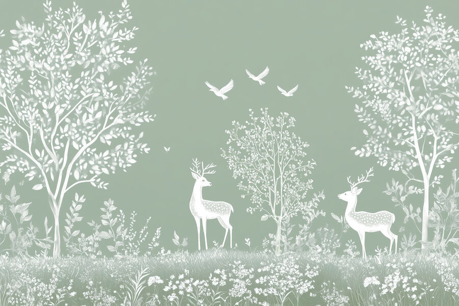 Cerf blanc et oiseaux dans un champ Cerf blanc et oiseaux dans un champ