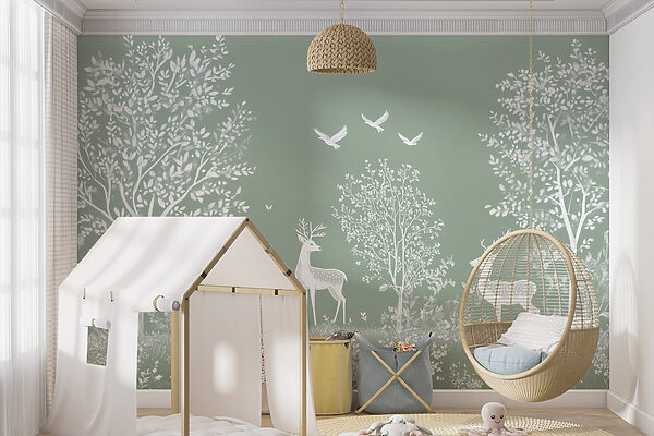 Cerf blanc et oiseaux dans un champ Cerf blanc et oiseaux dans un champ